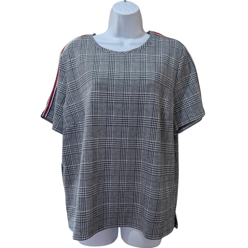 Banana Republic Houndstooth Plaid Short Sleeve‎ Top Womens XL Red Stripe Accent
